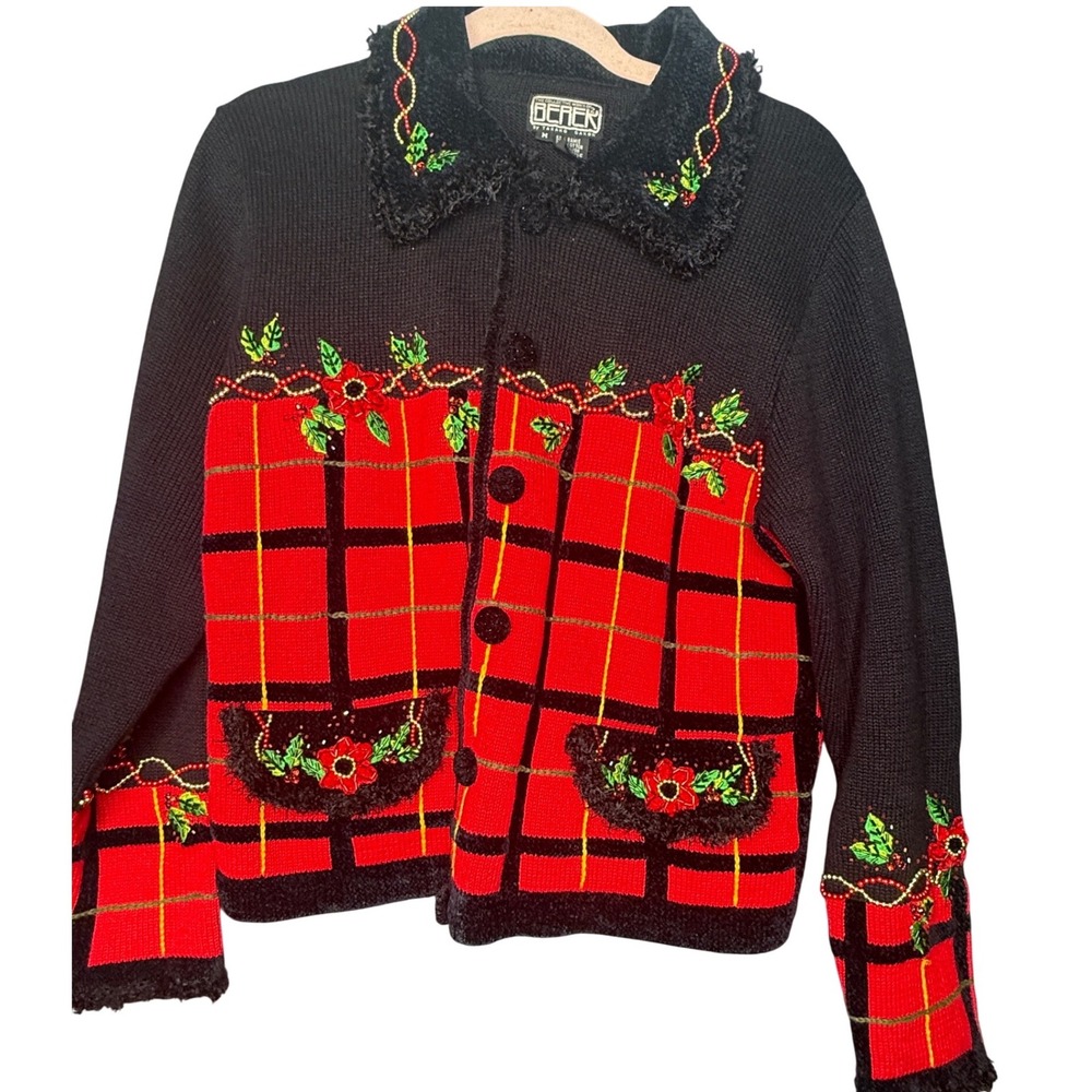 Berek Takako Sakon Vintage Christmas Cardigan Plaid Beaded Floral Black Red M